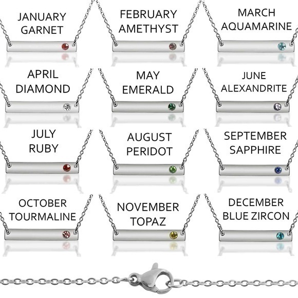 Birthstone Bar Stainless Steel Necklace - Can Be Engraved